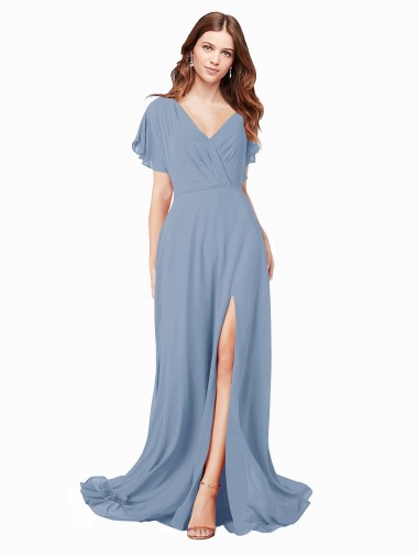 Buy Chiffon Prom Dress with Flutter Sleeves and Front Slit UK