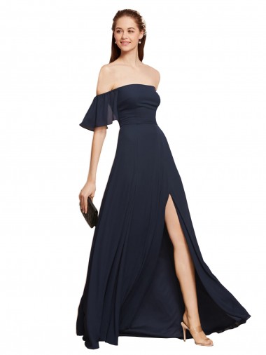 Buy Off the Shoulder Floaty Sleeves Chiffon Prom Dress with High Slit UK