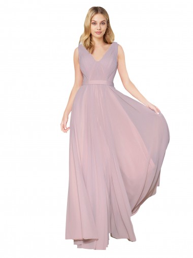 Buy Draped V-Neck Long Chiffon Prom Dress with Shirred Bodice UK