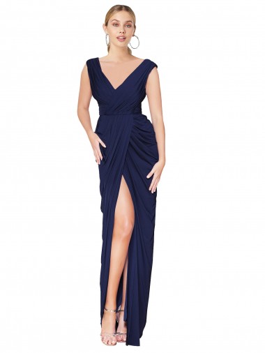 Buy Draped V-Neck Long Chiffon Prom Dress with Front Slit UK