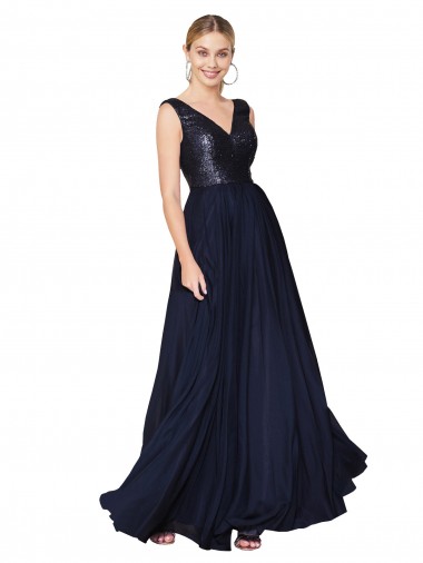 Buy High Neck V-Neck Long Chiffon Prom Dress with Sequin Top UK