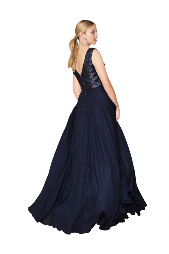 High Neck V-Neck Long Chiffon Prom Dress with Sequin Top