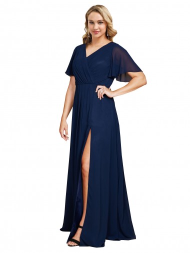 Buy Chiffon V-Neck Short Sleeves Long Prom Dress with High Slit UK