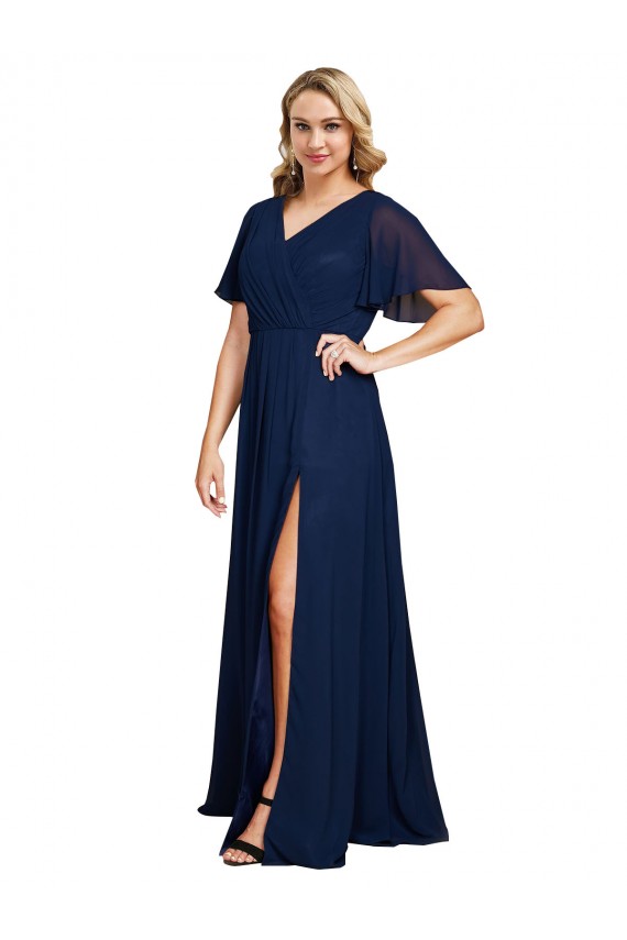 Chiffon V-Neck Short Sleeves Long Prom Dress with High Slit