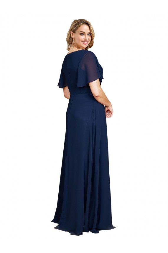 Chiffon V-Neck Short Sleeves Long Prom Dress with High Slit