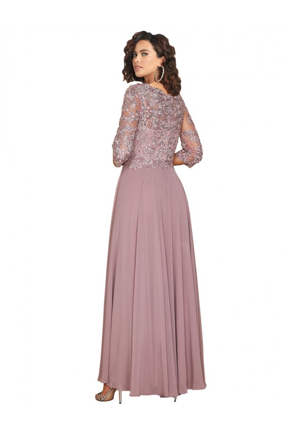 Hand-Beaded Bodice V-Neckline Long Sleeves Chiffon Prom Dress