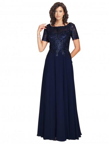 Buy Short Sleeves A-Line Long Chiffon Prom Dress with Beaded Bodice UK