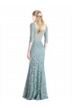 Half Sleeves Pleated Lace Prom Dress with Wrap-Around Portrait Neckline