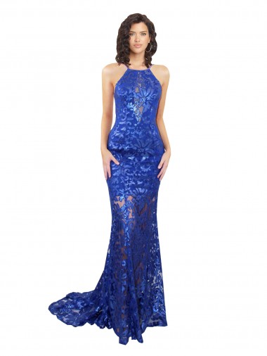 Buy High Neck Long Open Back Lace Prom Dress with Train UK