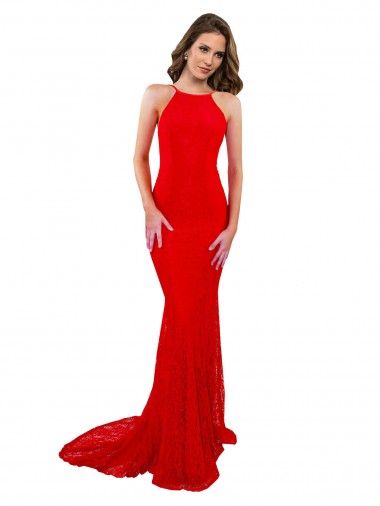 Buy High Neck Long Lace Prom Dress with Open Back Straps UK