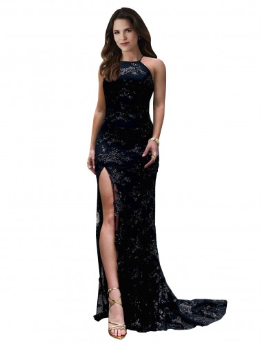 Buy High Neckline Lace Open Back Prom Dress with High Slit UK