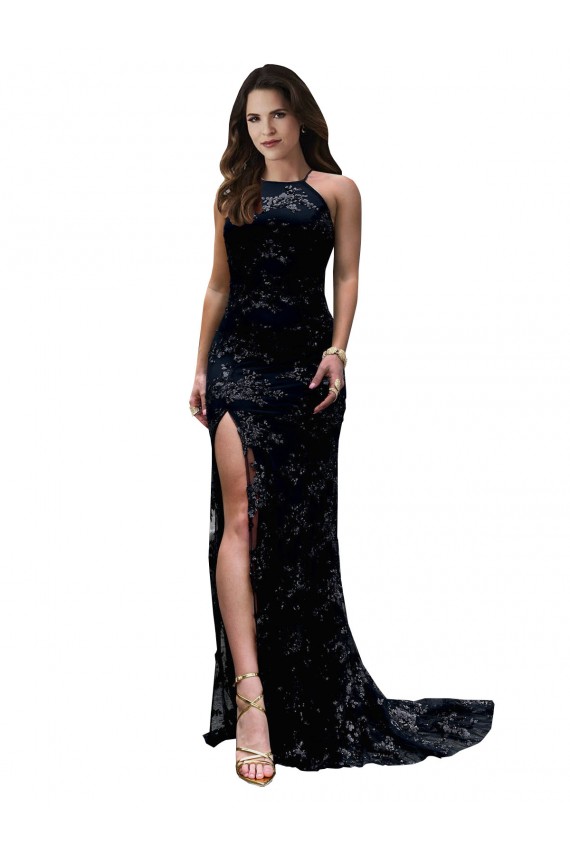 High Neckline Lace Open Back Prom Dress with High Slit