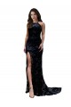 High Neckline Lace Open Back Prom Dress with High Slit