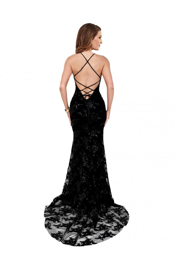 High Neckline Lace Open Back Prom Dress with High Slit