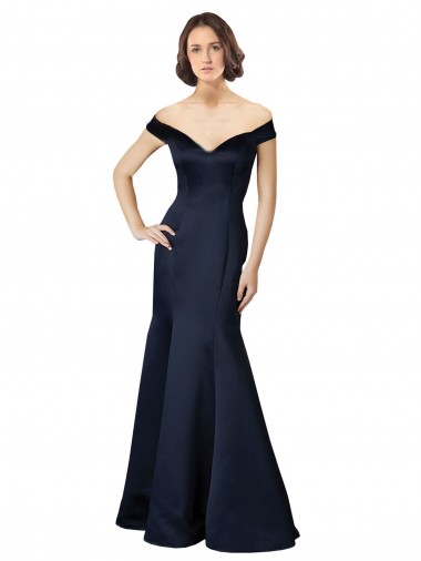 Buy Fit and Flare Satin Prom Dress with Off the Shoulder Neckline UK