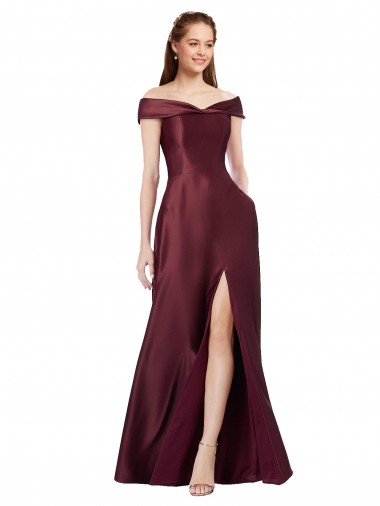 Buy Long Off the Shoulder Satin Prom Dress with Thigh-high Slit UK