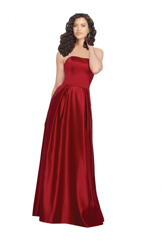 Strapless Satin Prom Dress with Beaded Pocket and Soft Pleating