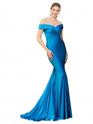 Buy Off the Shoulder Long Chapel Train Satin Prom Dress UK