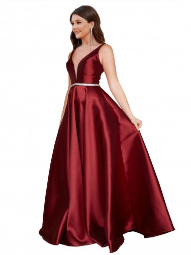 Buy Sleeveless Deep V-Neck A-Line Satin Prom Dress with Pockets UK