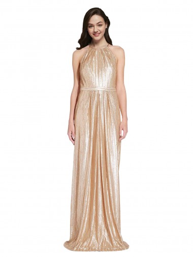 Buy Floor Length Halter Neck Sparkling Sequin Prom Dress with Pleats UK