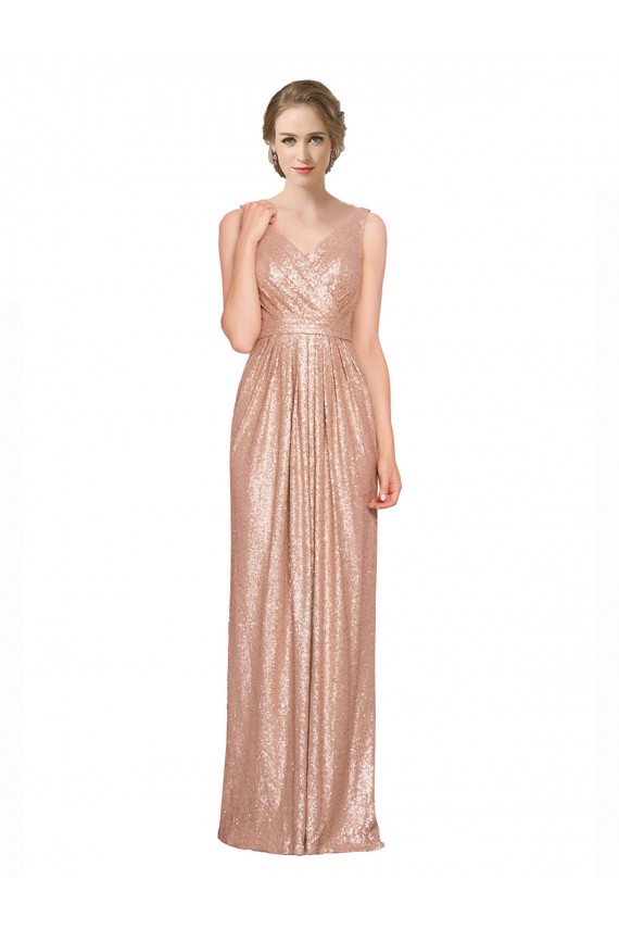 Draped V-Neck Striking Sheath Floor Length Sequin Prom Dress