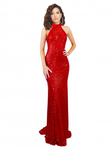 Buy Halter High Neck Mermaid Open Back Sequin Prom Dress UK