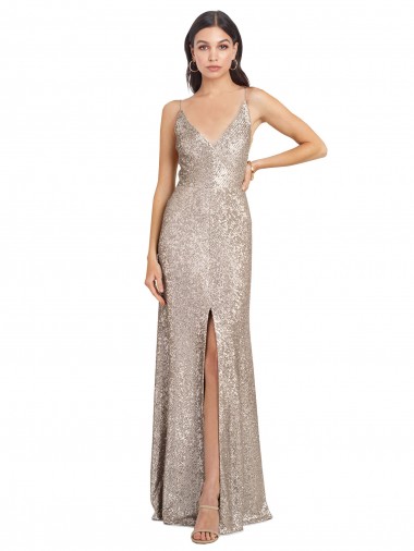 Buy V-Neck Fully Sequin Prom Dress with V-Back and Front Slit UK