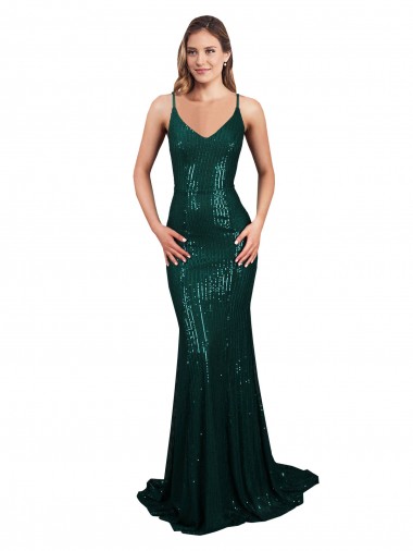 Buy Fishtail Shaped V-Neck Open Back Long Sequin Prom Dress UK