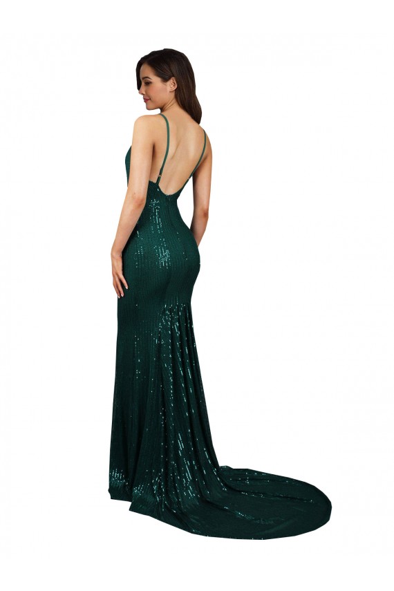 Fishtail Shaped V-Neck Open Back Long Sequin Prom Dress