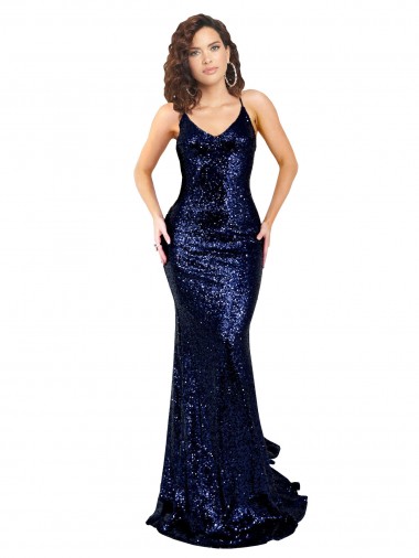 Buy Mermaid V-Neck Low Back Long Sequin Prom Dress UK