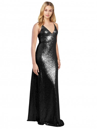 Buy Full Length A-Line Sequin Prom Dress with Spaghetti Straps V-Neckline UK