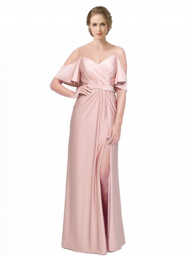 Buy Draped Cold Shoulder Sleeves Long Silky Satin Prom Dress with Slit and Tie Back UK