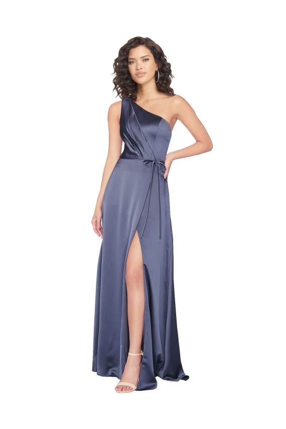 Draped Silky Satin Prom Dress with Tied Waist