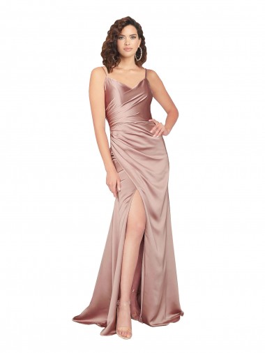 Buy Floor Length Silky Satin Prom Dress with Front Skirt Slit UK