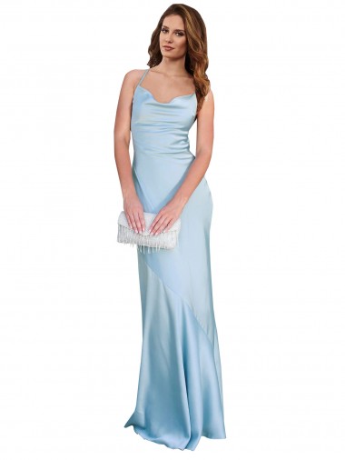 Buy Open Back with Ties Cowl Neck Sheath Silky Satin Long Bridessmaid Dress UK