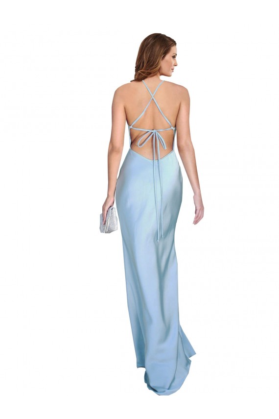 Open Back with Ties Cowl Neck Sheath Silky Satin Long Bridessmaid Dress