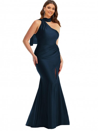 Buy Scarf Neck One Shoulder Silky Satin Mermaid Prom Dress with Front Slit UK