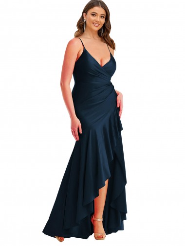 Buy Pleated Wrap Ruffled High Low Silky Satin Prom Dress UK