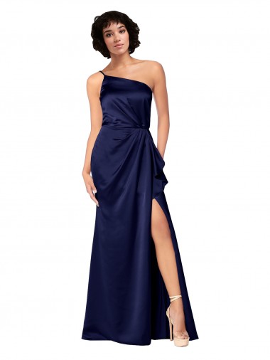 Buy One Shoulder Silky Satin Prom Dress with Skirt Slit UK