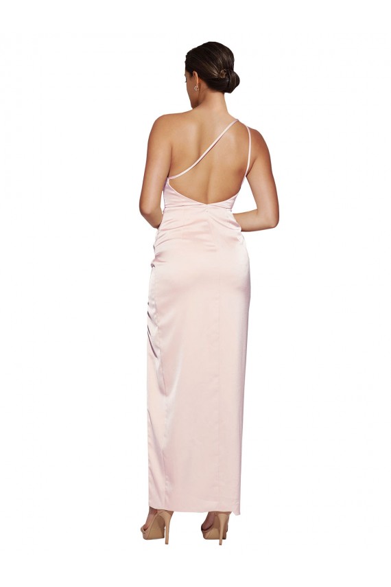 One Shoulder Full Length Long Silky Satin Prom Dress with Thigh Split