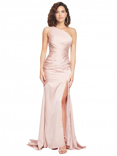 Buy Full Length One Shoulder Long Silky Satin Prom Dress with High Split UK