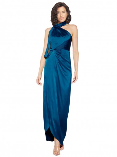 Buy High Halter Neck Silky Satin Prom Dress with Sash Overlay and Side Split UK