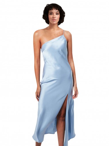 Buy Midi Length Short Silky Satin Cocktail Prom Dress / Homecoming Dress with Asymmetric Neckline and High Side Split UK