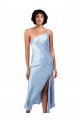 Midi Length Short Silky Satin Cocktail Prom Dress / Homecoming Dress with Asymmetric Neckline and High Side Split