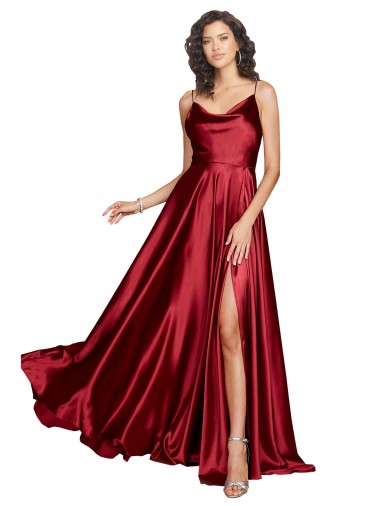 Buy Cowl Neckline Long Silky Satin Prom Dress with Spaghetti Straps UK