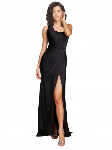 Buy Full Length One Shoulder Ruffled Long Silky Satin Prom Dress with High Slit UK