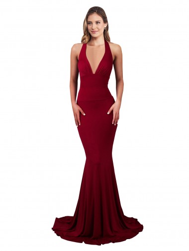 Buy Halter Mermaid Plunge V-Neckline Open Back Bow Tie Spandex Prom Dress UK