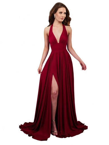 Buy A-Line Halter Plunge V-Neckline Open Back Spandex Prom Dress with Slit UK