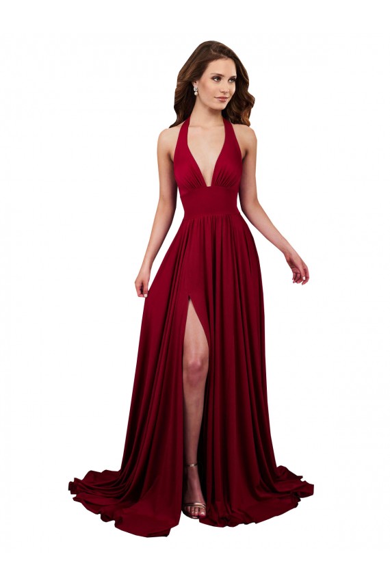 A-Line Halter Plunge V-Neckline Open Back Spandex Prom Dress with Slit