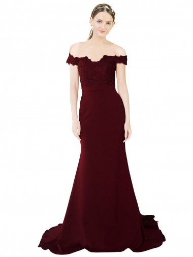 Buy Full Length Off the Shoulder Formal Crepe Prom Dress with Lace On Bodice and Back UK